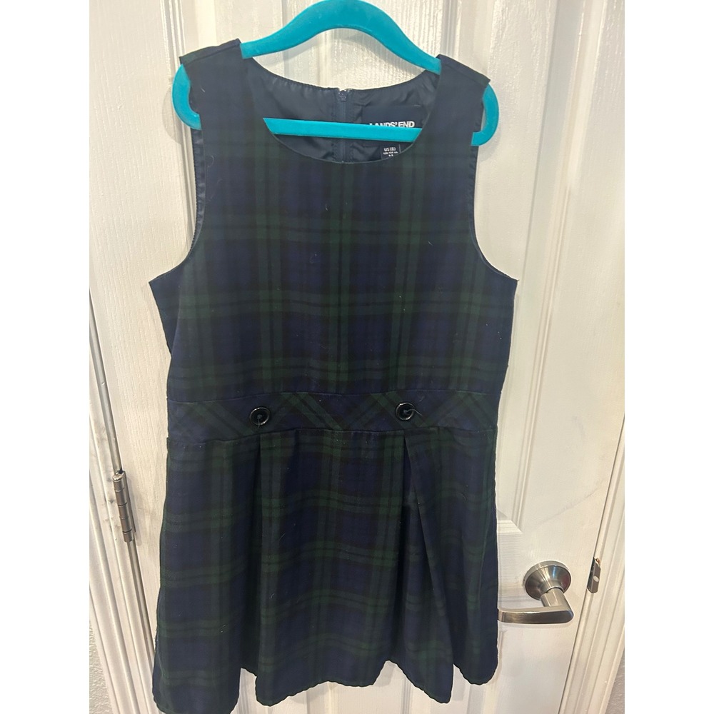 Lands' End Jumper Dress Navy Green Plaid Pleated School Uniform Kids 8